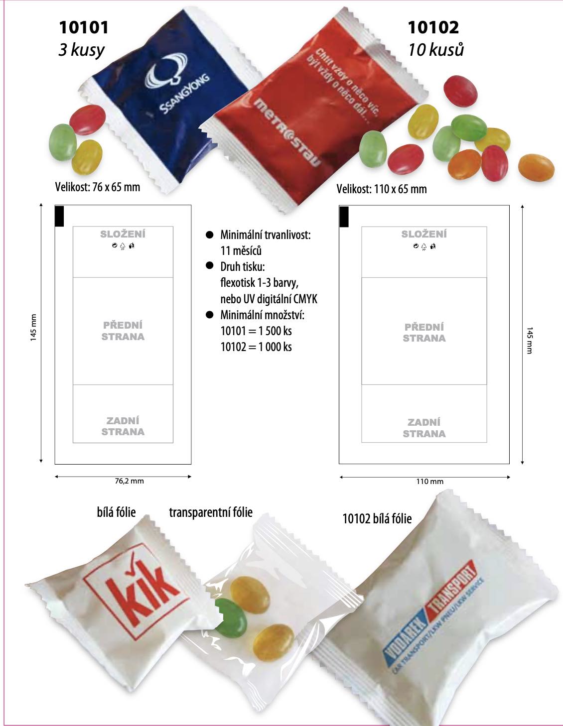 Flowpackové bonbóny 3ks v sáčku